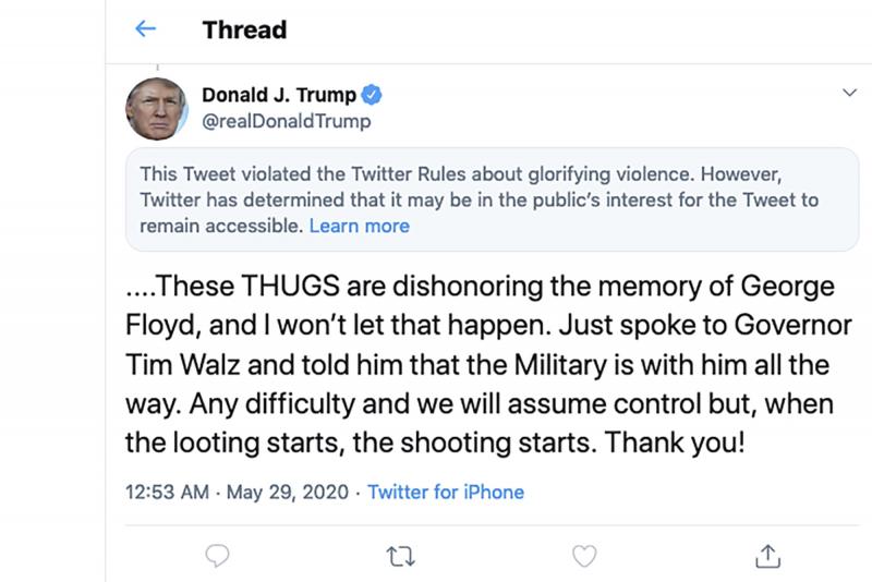 This image from the Twitter account of President Donald Trump shows a tweet he posted on Friday, May 29, 2020, after protesters in Minneapolis. On Tuesday, the Center for Democracy and Technology sued Trump over the president's executive order aimed at li This image from the Twitter account of President Donald Trump shows a tweet he posted on Friday, May 29, 2020, after protesters in Minneapolis. On Tuesday, the Center for Democracy and Technology sued Trump over the president's executive order aimed at li