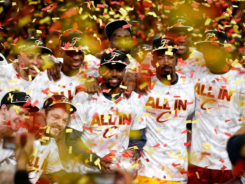 The Cleveland Cavaliers are showered with confetti after defeating the Atlanta Hawks in game four of the Eastern Conference finals to complete a sweep and advance to the NBA Finals. The Cleveland Cavaliers are showered with confetti after defeating the Atlanta Hawks in game four of the Eastern Conference finals to complete a sweep and advance to the NBA Finals.