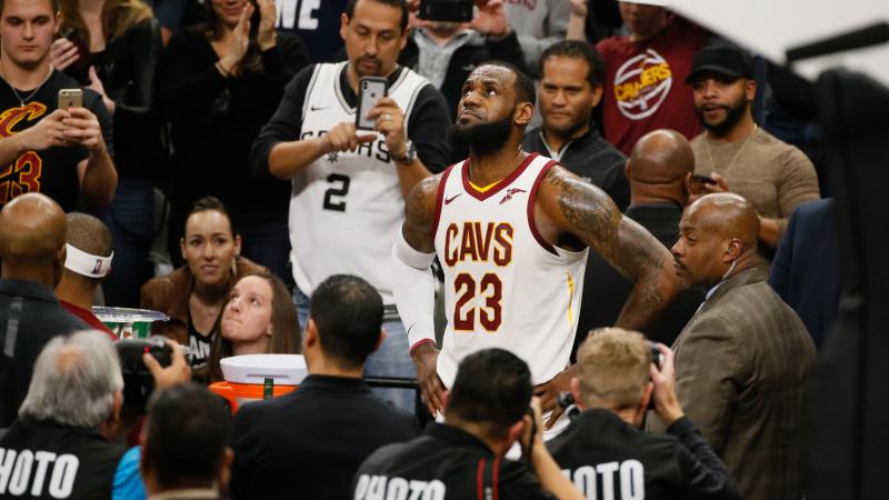 Cleveland Cavaliers LeBron James celebrates after scoring his 30,000 career point during a time out against the Spurs at AT&T Center in San Antonio Tuesday night. Cleveland Cavaliers LeBron James celebrates after scoring his 30,000 career point during a time out against the Spurs at AT&T Center in San Antonio Tuesday night.