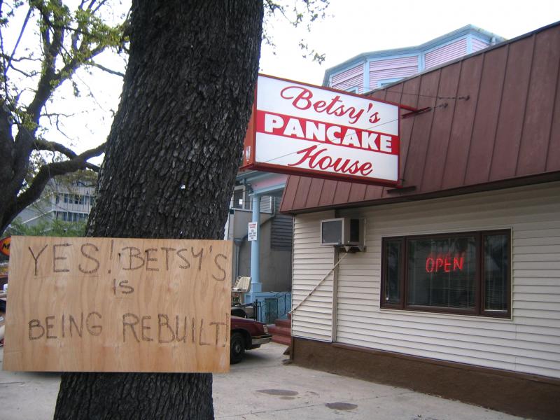 Betsy's Pancake House on Canal Street in New Orleans announces its return to business after Hurricane Katrina. Betsy's Pancake House on Canal Street in New Orleans announces its return to business after Hurricane Katrina.