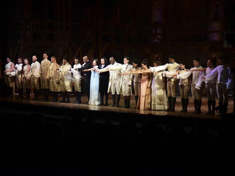 The cast of Hamilton, including its composer and creator, Lin-Manuel Miranda, center, receive a standing ovation in San Juan, Puerto Rico on Jan. 11, 2019. The musical is set to stream on Disney+ this week. The cast of Hamilton, including its composer and creator, Lin-Manuel Miranda, center, receive a standing ovation in San Juan, Puerto Rico on Jan. 11, 2019. The musical is set to stream on Disney+ this week.