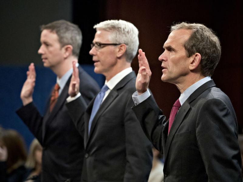 From right: Kent Walker, vice president and general counsel with Google Inc.; Colin Stretch, general counsel with Facebook Inc.; and Sean Edgett, acting general counsel with Twitter Inc., swear in to a House Intelligence Committee hearing in Washington, D From right: Kent Walker, vice president and general counsel with Google Inc.; Colin Stretch, general counsel with Facebook Inc.; and Sean Edgett, acting general counsel with Twitter Inc., swear in to a House Intelligence Committee hearing in Washington, D
