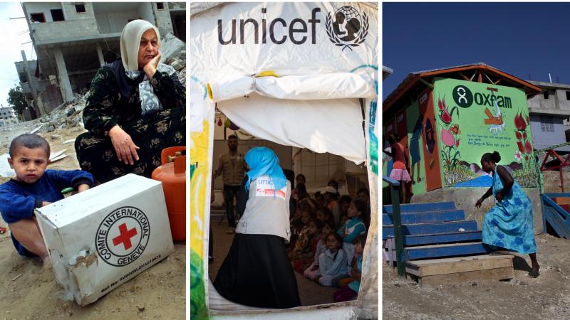 A Palestinian woman and her children receive supplies from the International Committee of the Red Cross at a refugee camp in Gaza; a latrine project in Haiti financed by Oxfam; a UNICEF tent at a refugee camp in Iraq. A Palestinian woman and her children receive supplies from the International Committee of the Red Cross at a refugee camp in Gaza; a latrine project in Haiti financed by Oxfam; a UNICEF tent at a refugee camp in Iraq.