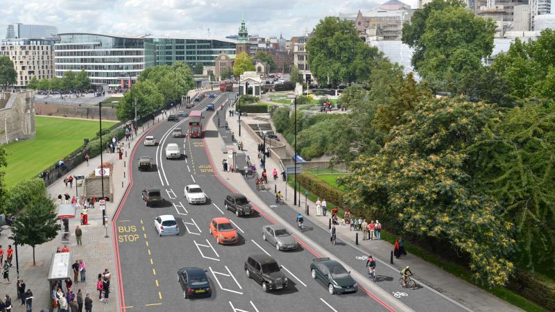 An artist's conception of the two-way cycle track on Tower Hill. The track is part of London's new plan to boost its bicycle infrastructure. An artist's conception of the two-way cycle track on Tower Hill. The track is part of London's new plan to boost its bicycle infrastructure.