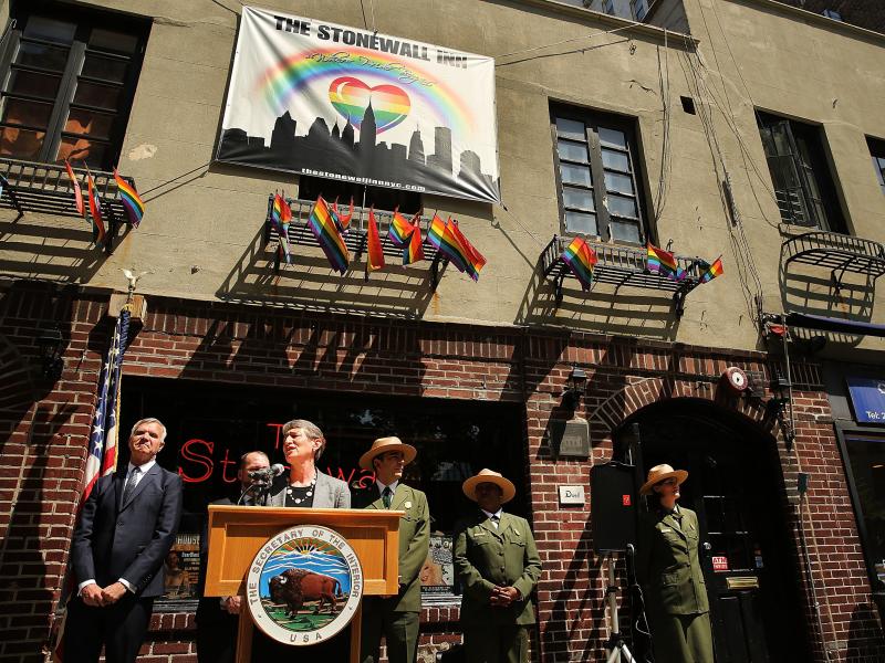 Secretary of the Interior Sally Jewell speaks in front of the Stonewall Inn in 2014 to announce a National Park Service initiative to identify historic sites related to the struggle for LGBT rights. Secretary of the Interior Sally Jewell speaks in front of the Stonewall Inn in 2014 to announce a National Park Service initiative to identify historic sites related to the struggle for LGBT rights.