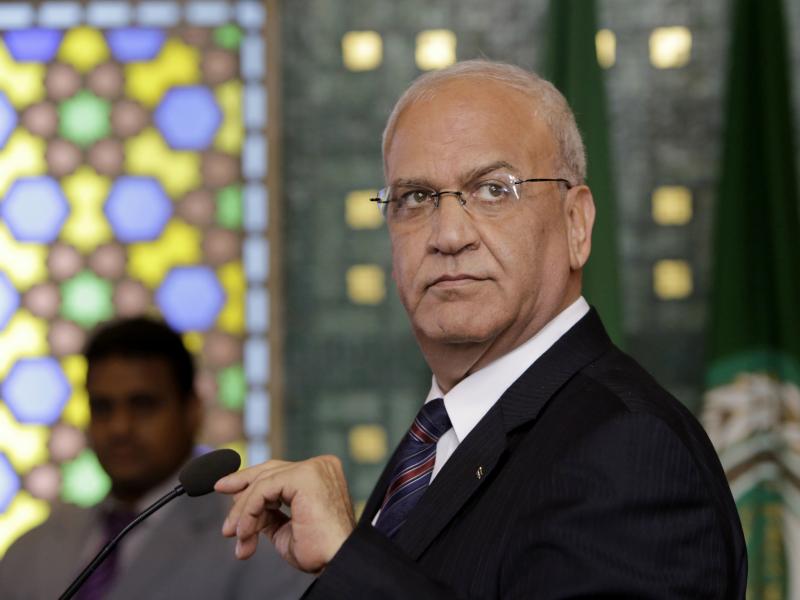 Chief Palestinian negotiator Saeb Erekat seen at a 2014 press conference at the Arab League headquarters in Cairo, Egypt. Chief Palestinian negotiator Saeb Erekat seen at a 2014 press conference at the Arab League headquarters in Cairo, Egypt.