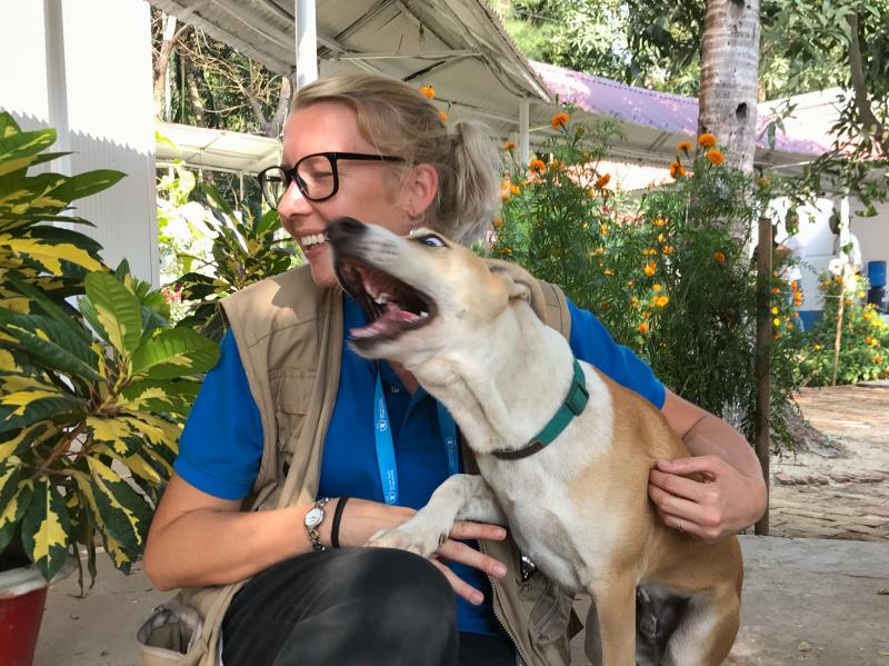 Foxtrot and Gemma Snowdon of the U.N.'s World Food Programme, who rescued the lost 4-week-old puppy. Foxtrot and Gemma Snowdon of the U.N.'s World Food Programme, who rescued the lost 4-week-old puppy.