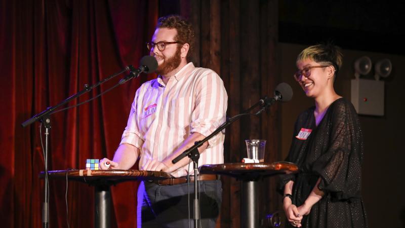 Contestants compete in Ask Me Another's final round at the Bell House in Brooklyn, New York. Contestants compete in Ask Me Another's final round at the Bell House in Brooklyn, New York.