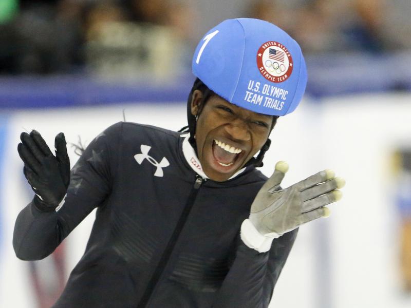 Maame Biney reacts after winning the women's 500-meter A final race during the U.S. Olympic short track speedskating trials in December. Maame Biney reacts after winning the women's 500-meter A final race during the U.S. Olympic short track speedskating trials in December.