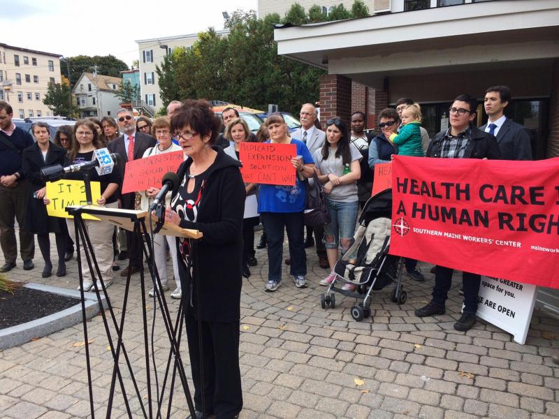 Kathleen Phelps, who lacks health insurance, speaks in favor of expanding Medicaid at a news conference in Portland, Maine on Oct. 13, 2016. Kathleen Phelps, who lacks health insurance, speaks in favor of expanding Medicaid at a news conference in Portland, Maine on Oct. 13, 2016.