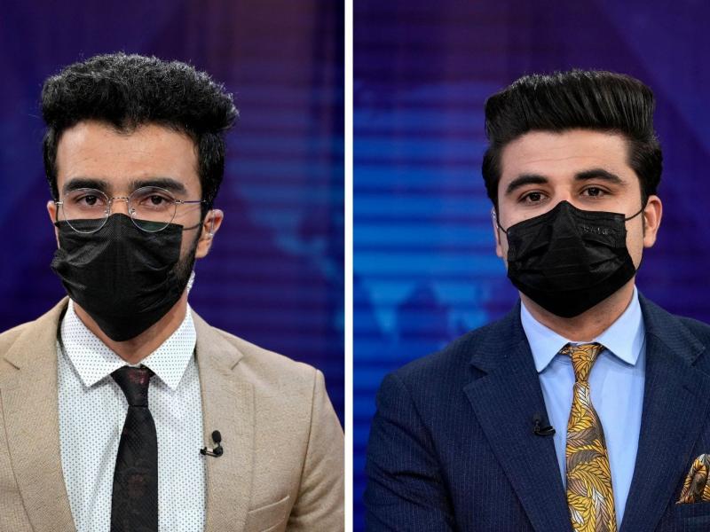 A composite photo shows TV anchors Hamed Bahram (left) and Nesar Nabil wearing face masks while reading the news on TOLOnews, in Kabul, Afghanistan, on Sunday. A composite photo shows TV anchors Hamed Bahram (left) and Nesar Nabil wearing face masks while reading the news on TOLOnews, in Kabul, Afghanistan, on Sunday.