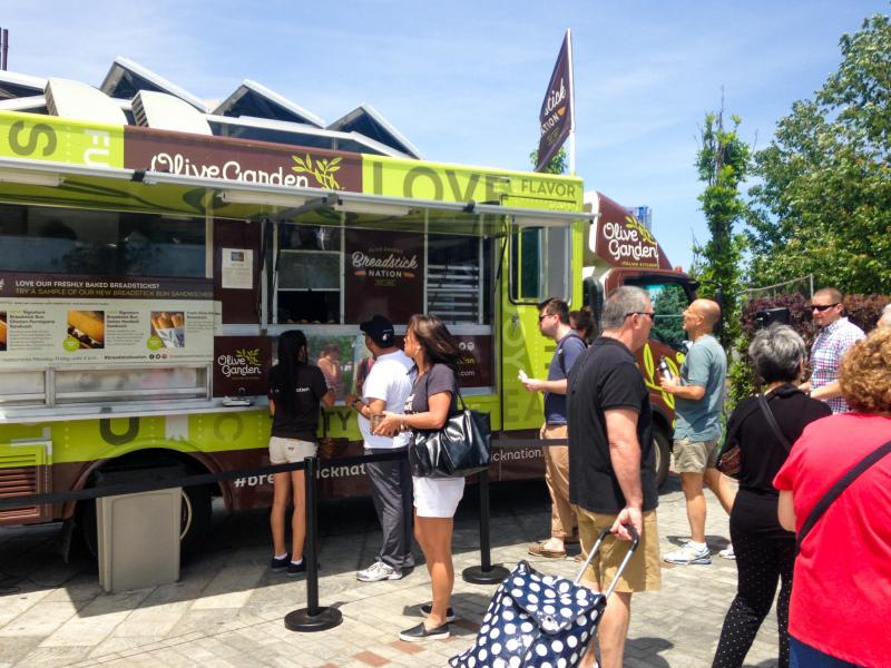 Boston's North End is full of authentic Italian eateries. The Olive Garden is most definitely not one of them. But this weekend, an Olive Garden food truck parked there, handing out free food samples. Boston's North End is full of authentic Italian eateries. The Olive Garden is most definitely not one of them. But this weekend, an Olive Garden food truck parked there, handing out free food samples.