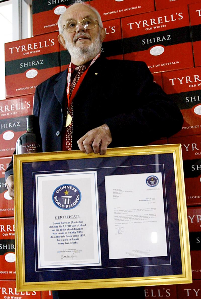 James Harrison was recognized in 2003 with the Guinness World Record for the most blood donated by one person. James Harrison was recognized in 2003 with the Guinness World Record for the most blood donated by one person.