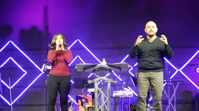 Angel Flores (right), founder and lead pastor of Mosaic Church, delivers the message during the Spanish worship service. Angel Flores (right), founder and lead pastor of Mosaic Church, delivers the message during the Spanish worship service.