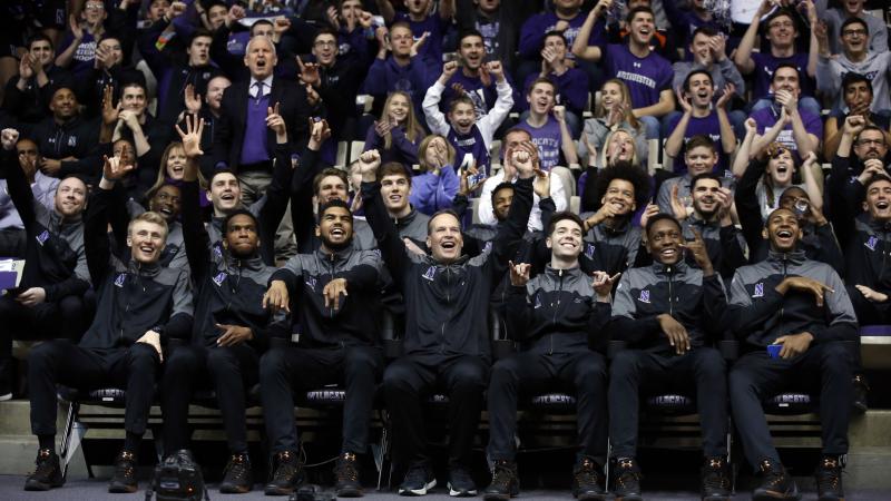 Northwestern head coach Chris Collins, center, and players at an NCAA Division I Men's Basketball Tournament Selection Show watch party on Mar. 12, 2017. Northwestern head coach Chris Collins, center, and players at an NCAA Division I Men's Basketball Tournament Selection Show watch party on Mar. 12, 2017.