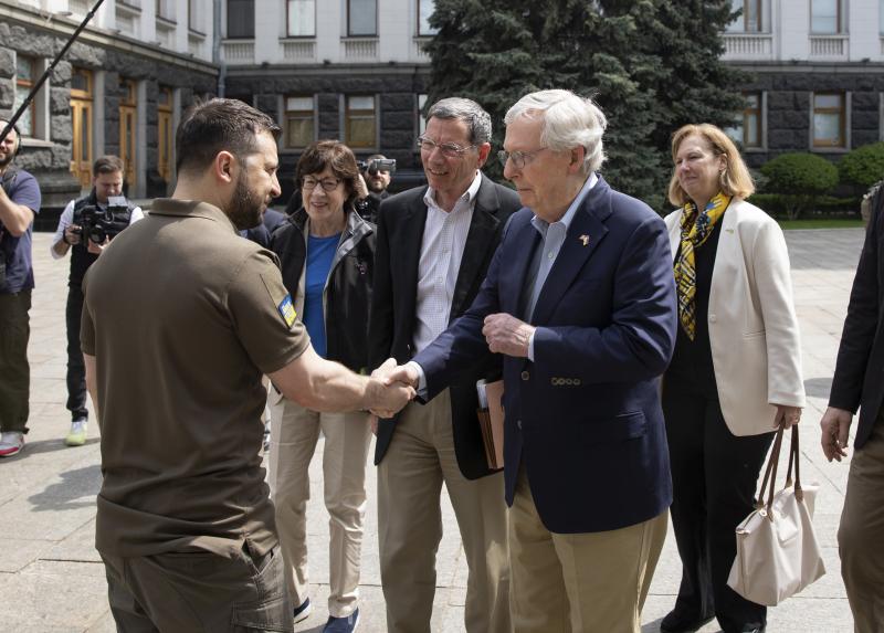 Ukrainian President Volodymyr Zelenskyy (left) shakes hands with Senate Minority Leader Mitch McConnell, R-Ky., in Kyiv, Ukraine, on Saturday. Ukrainian President Volodymyr Zelenskyy (left) shakes hands with Senate Minority Leader Mitch McConnell, R-Ky., in Kyiv, Ukraine, on Saturday.