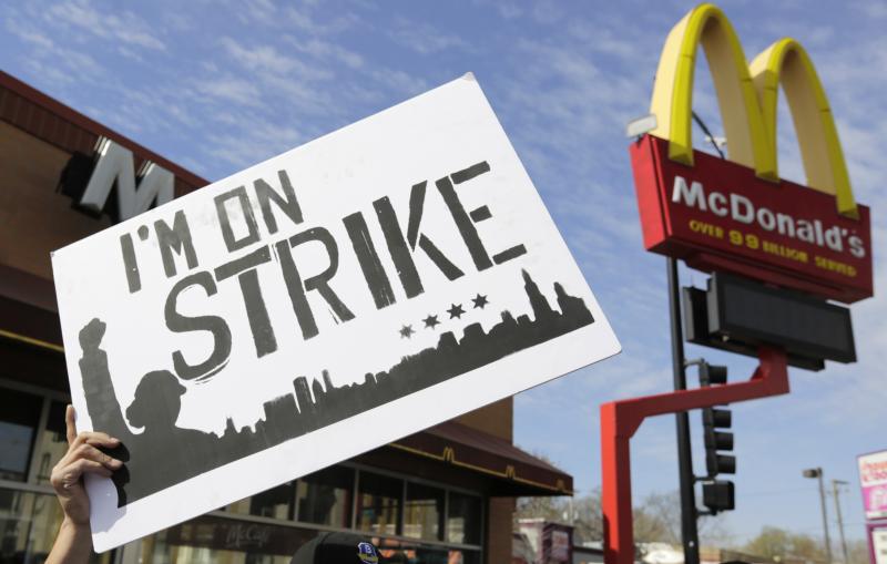 McDonald's workers and supporters rally in Chicago in 2015 in what organizers at the time called the biggest-ever mobilization of U.S. workers. McDonald's workers and supporters rally in Chicago in 2015 in what organizers at the time called the biggest-ever mobilization of U.S. workers.