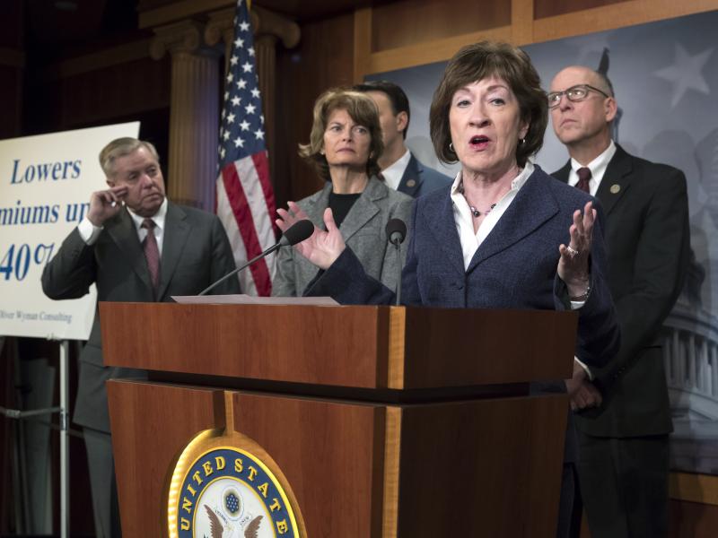 Sen. Susan Collins, R-Maine (center), is joined on Wednesday by Sen. Lindsey Graham (from left), R-S.C., Sen. Lisa Murkowski, R-Alaska, and Rep. Greg Walden, R-Ore. Collins was pushing for provisions in the budget bill aimed at lowering premiums for peopl Sen. Susan Collins, R-Maine (center), is joined on Wednesday by Sen. Lindsey Graham (from left), R-S.C., Sen. Lisa Murkowski, R-Alaska, and Rep. Greg Walden, R-Ore. Collins was pushing for provisions in the budget bill aimed at lowering premiums for peopl