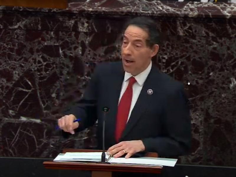 Lead House impeachment manager Jamie Raskin, D-Md., speaks on the first day of former President Donald Trump's second impeachment trial at the U.S. Capitol on Tuesday. Lead House impeachment manager Jamie Raskin, D-Md., speaks on the first day of former President Donald Trump's second impeachment trial at the U.S. Capitol on Tuesday.