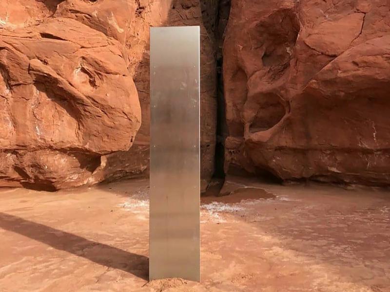This Nov. 18 photo, provided by the Utah Department of Public Safety, shows a metal monolith in the ground in a remote area in Utah. The mysterious monolith has disappeared less than 10 days after it was spotted by wildlife biologists. This Nov. 18 photo, provided by the Utah Department of Public Safety, shows a metal monolith in the ground in a remote area in Utah. The mysterious monolith has disappeared less than 10 days after it was spotted by wildlife biologists.