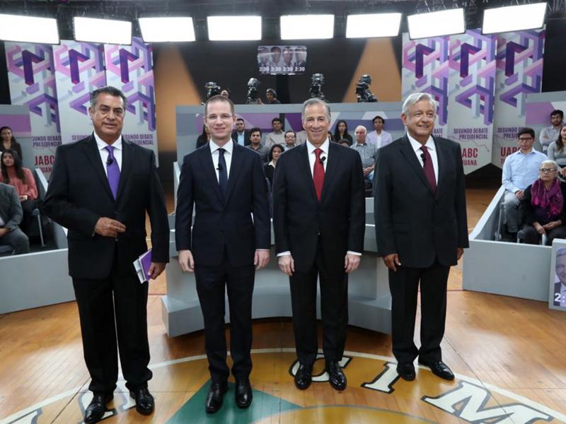 In this photo released by the National Electoral Institute (INE), presidential candidates ( from left) independent Jaime Rodriguez, known as "El Bronco," Ricardo Anaya of the Forward for Mexico Coalition, Jose Antonio Meade, of the Institutional Revolutio In this photo released by the National Electoral Institute (INE), presidential candidates ( from left) independent Jaime Rodriguez, known as "El Bronco," Ricardo Anaya of the Forward for Mexico Coalition, Jose Antonio Meade, of the Institutional Revolutio