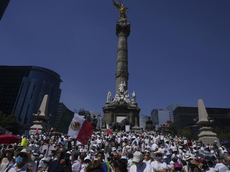 Opposition members gather at the Angel of Independence monument, encouraging citizens not to vote in the upcoming presidential recall referendum, as a protest against Mexico's President Andres Manuel Lopez Obrador, in Mexico City, Sunday, April 3, 2022. Opposition members gather at the Angel of Independence monument, encouraging citizens not to vote in the upcoming presidential recall referendum, as a protest against Mexico's President Andres Manuel Lopez Obrador, in Mexico City, Sunday, April 3, 2022.