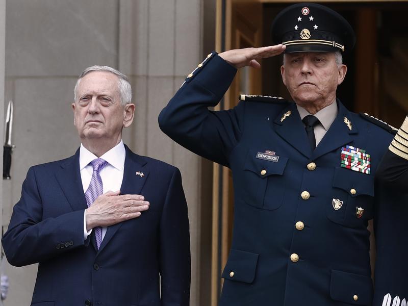 Former Defense Secretary Jim Mattis, left, and former Mexican Defense Secretary Gen. Salvador Cienfuegos Zepeda during an honor cordon at the Pentagon in 2017. Mexico cleared Cienfuegos of all charges related to drug trafficking on Thursday. Former Defense Secretary Jim Mattis, left, and former Mexican Defense Secretary Gen. Salvador Cienfuegos Zepeda during an honor cordon at the Pentagon in 2017. Mexico cleared Cienfuegos of all charges related to drug trafficking on Thursday.