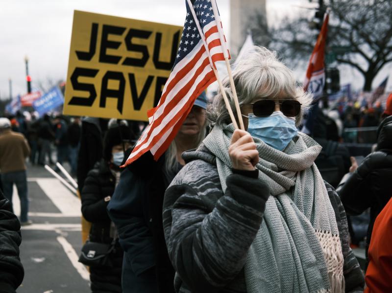 "JESUS SAVES" banners were among those carried during a rally on Jan. 6, 2021, in Washington before rioters stormed the Capitol. "JESUS SAVES" banners were among those carried during a rally on Jan. 6, 2021, in Washington before rioters stormed the Capitol.