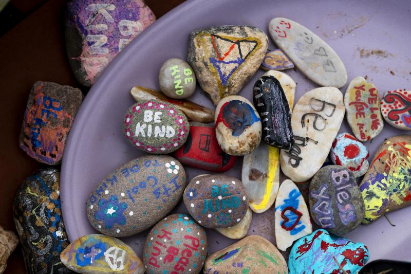 "Blessing rocks" with handwritten messages are free for the taking outside the Arivaca Community Center. "Blessing rocks" with handwritten messages are free for the taking outside the Arivaca Community Center.