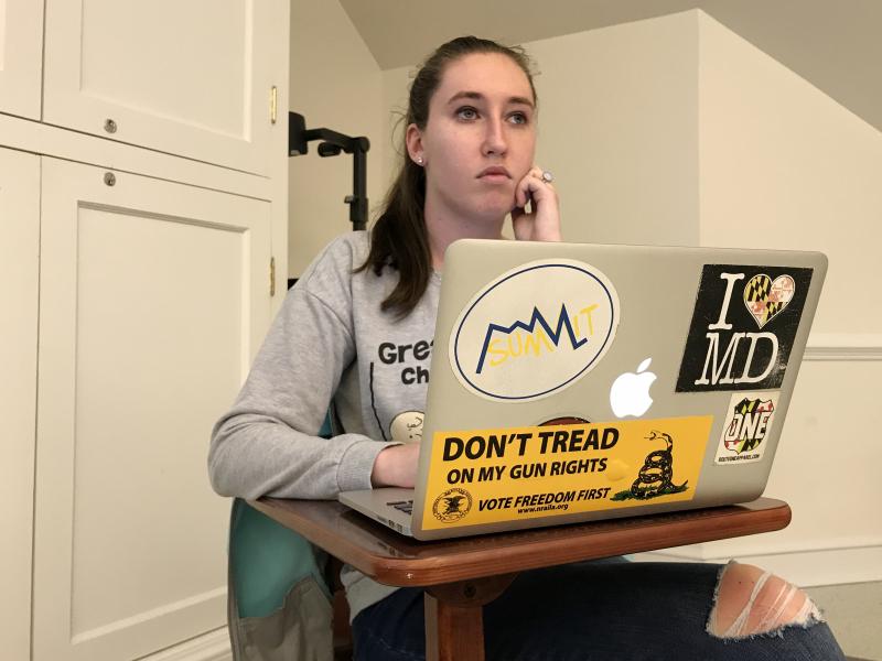 Jordan Riger, 22, uses her laptop to track attendance for a weekly meeting of Students for the Second Amendment at the University of Delaware in Newark, Del. She sees firearms as tools for self-defense. Jordan Riger, 22, uses her laptop to track attendance for a weekly meeting of Students for the Second Amendment at the University of Delaware in Newark, Del. She sees firearms as tools for self-defense.