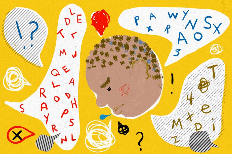 A boy is frustrated by all the language which surrounds him that he cannot understand. A boy is frustrated by all the language which surrounds him that he cannot understand.