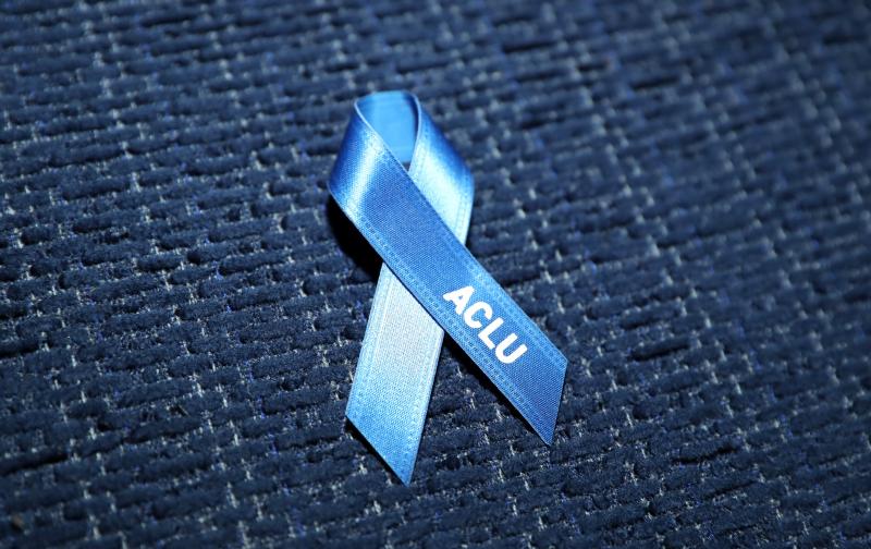 An ACLU pin is seen during a private dinner in Los Angeles in February. An ACLU pin is seen during a private dinner in Los Angeles in February.