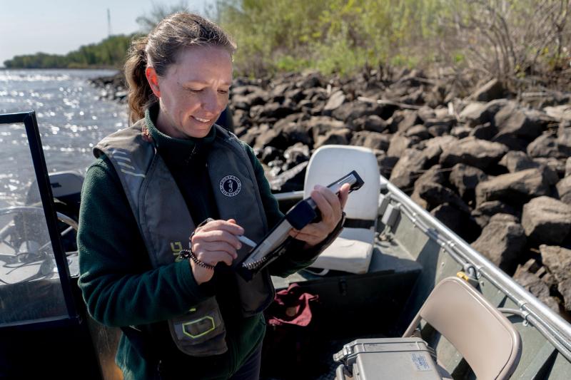 Sarah Peper, Missouri Department of Conservation Fisheries Management Biologist, downloads fish tracking data on the Mississippi River in West Alton, Mo. Sarah Peper, Missouri Department of Conservation Fisheries Management Biologist, downloads fish tracking data on the Mississippi River in West Alton, Mo.
