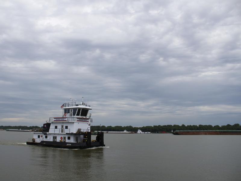 The Shawnee Forest towboat steers down the Ohio River near American Commercial Barge Line's office outside Cairo, Ill. As of June 12, more than 600 barges were waiting to go upstream once water levels dropped.. The Shawnee Forest towboat steers down the Ohio River near American Commercial Barge Line's office outside Cairo, Ill. As of June 12, more than 600 barges were waiting to go upstream once water levels dropped..