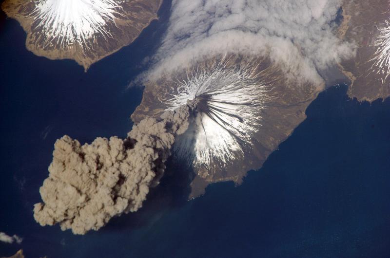 Ash plume from Mt Cleveland, a stratovolcano in the Aleutian Islands.