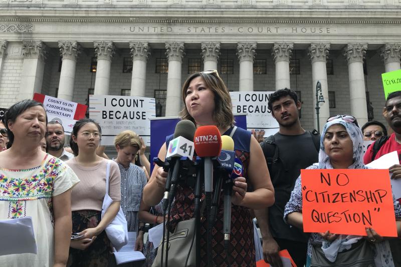 Rep. Grace Meng, D-N.Y. (center) held a press conference earlier this month outside Manhattan federal court with Liz OuYang (left) of the New York Immigration Coalition and other critics of the new citizenship question on the 2020 census. Rep. Grace Meng, D-N.Y. (center) held a press conference earlier this month outside Manhattan federal court with Liz OuYang (left) of the New York Immigration Coalition and other critics of the new citizenship question on the 2020 census.