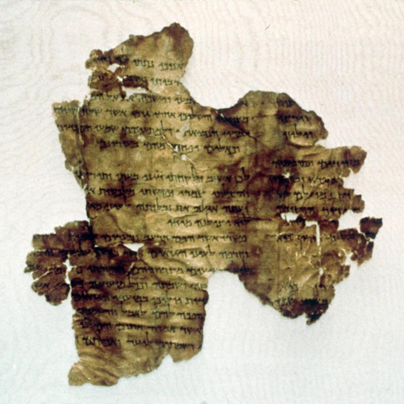An authentic 2,000-year-old scroll fragment found at Qumran near the Dead Sea. An authentic 2,000-year-old scroll fragment found at Qumran near the Dead Sea.