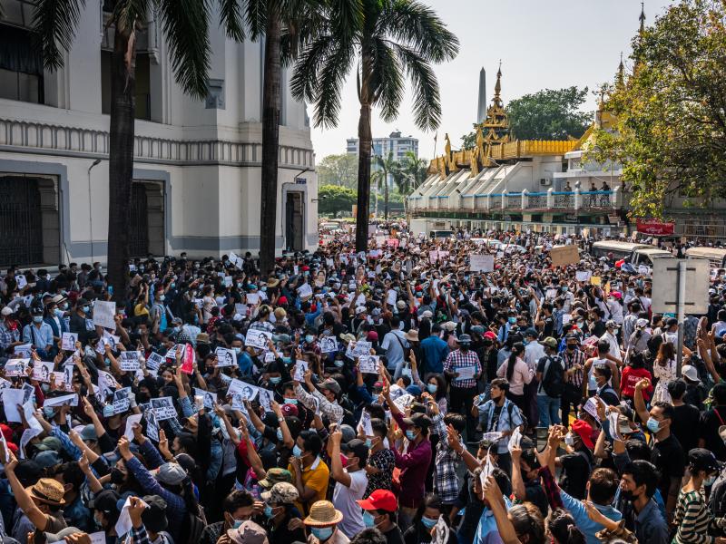 Protests continued on Monday in cities across Myanmar, including this one in Yangon, as people took to the streets to demand the release of de facto leader Aung San Suu Kyi and return to democratic rule following a military coup. Protests continued on Monday in cities across Myanmar, including this one in Yangon, as people took to the streets to demand the release of de facto leader Aung San Suu Kyi and return to democratic rule following a military coup.