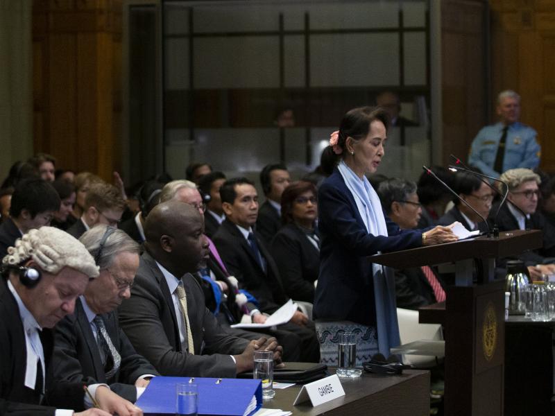 Myanmar leader Aung San Suu Kyi addresses judges of the International Court of Justice on the second day of hearings in The Hague, Netherlands, on Wednesday. Myanmar leader Aung San Suu Kyi addresses judges of the International Court of Justice on the second day of hearings in The Hague, Netherlands, on Wednesday.