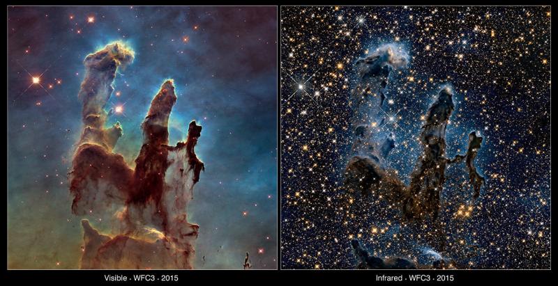 Two views of the Eagle Nebula's "Pillars of Creation," both taken by the Hubble Space Telescope. The left shows the pillars in visible light; the right image was taken in infrared light. Two views of the Eagle Nebula's "Pillars of Creation," both taken by the Hubble Space Telescope. The left shows the pillars in visible light; the right image was taken in infrared light.