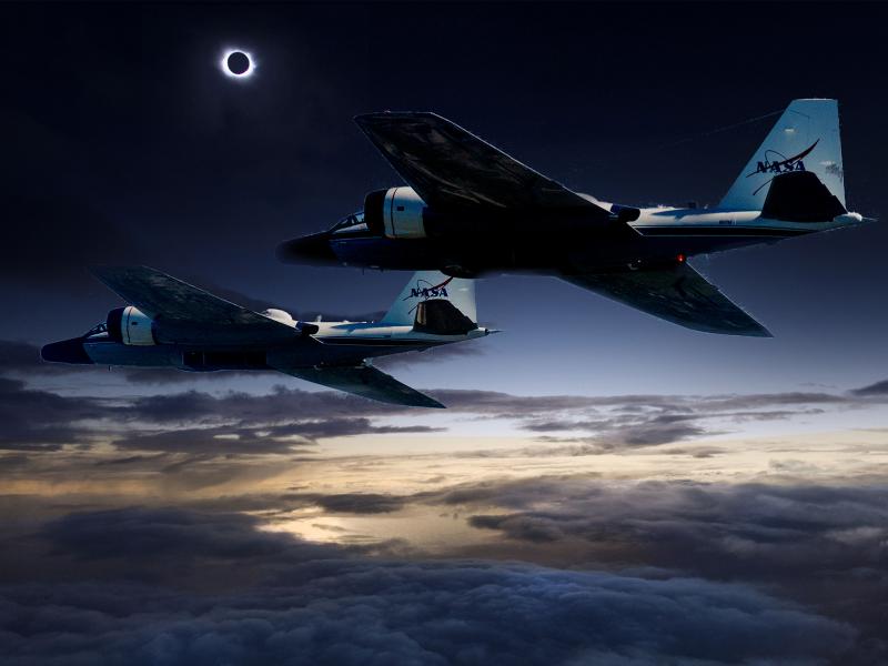 A NASA illustration showing twin WB-57F research planes tracking the eclipse over North America. A NASA illustration showing twin WB-57F research planes tracking the eclipse over North America.