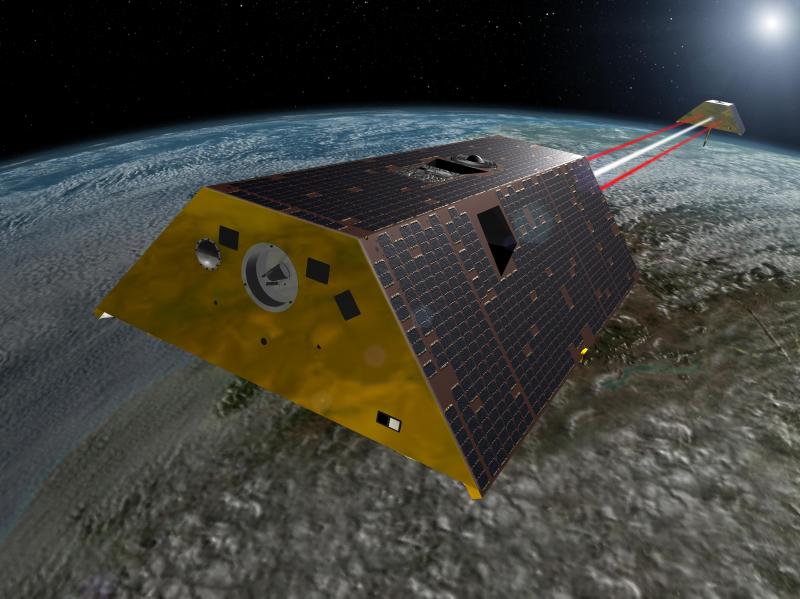 The Gravity Recovery and Climate Experiment Follow-On (GRACE-FO) mission, shown in an artist's rendering, will measure tiny fluctuations in Earth's gravitational field to show how water moves around the planet. The Gravity Recovery and Climate Experiment Follow-On (GRACE-FO) mission, shown in an artist's rendering, will measure tiny fluctuations in Earth's gravitational field to show how water moves around the planet.