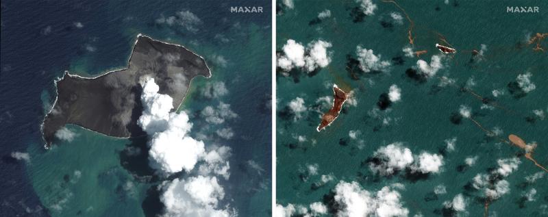 The island of Hunga Tonga-Hunga Ha'apai as imaged by the satellite company Maxar on Jan. 6 (left) and Jan. 18 (right). It was obliterated in a volcanic eruption that scientists estimate was 10 megatons in size. The island of Hunga Tonga-Hunga Ha'apai as imaged by the satellite company Maxar on Jan. 6 (left) and Jan. 18 (right). It was obliterated in a volcanic eruption that scientists estimate was 10 megatons in size.