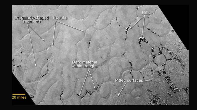 In the center left of Pluto's vast heart-shaped feature – informally named "Tombaugh Regio" — lies a vast, craterless plain that appears to be no more than 100 million years old, and is possibly still being shaped by geologic processes. In the center left of Pluto's vast heart-shaped feature – informally named "Tombaugh Regio" — lies a vast, craterless plain that appears to be no more than 100 million years old, and is possibly still being shaped by geologic processes.