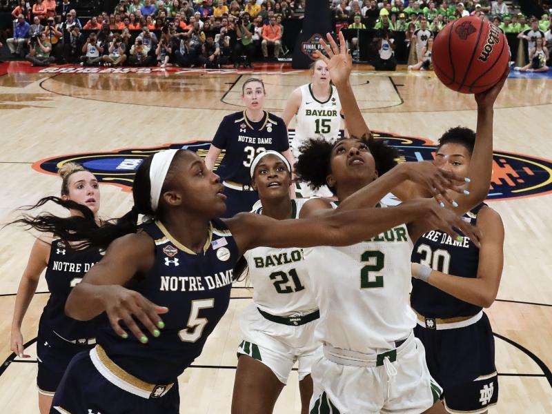 NCAA announced plans are underway to play the entire women's Division I basketball tournament in one location, San Antonio. The Baylor-Notre Dame title game in Tampa, Fla., last year is pictured. NCAA announced plans are underway to play the entire women's Division I basketball tournament in one location, San Antonio. The Baylor-Notre Dame title game in Tampa, Fla., last year is pictured.