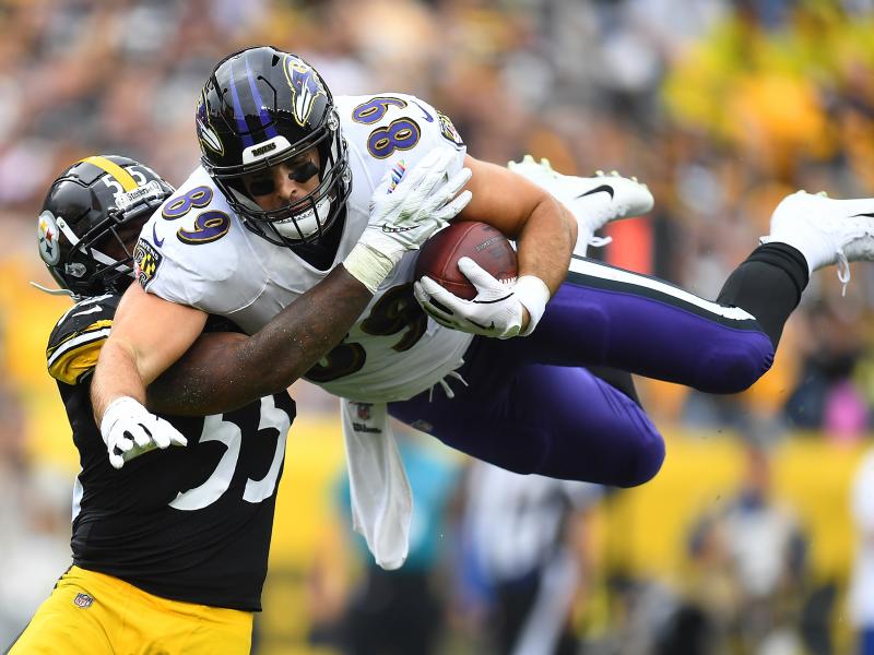 Mark Andrews, right, of the Baltimore Ravens hurdles Devin Bush, left, of the Pittsburgh Steelers during the first quarter at Heinz Field on Oct. 6, 2019 in Pittsburgh. This season, the Thanksgiving matchup between the two teams has been canceled due to a Mark Andrews, right, of the Baltimore Ravens hurdles Devin Bush, left, of the Pittsburgh Steelers during the first quarter at Heinz Field on Oct. 6, 2019 in Pittsburgh. This season, the Thanksgiving matchup between the two teams has been canceled due to a