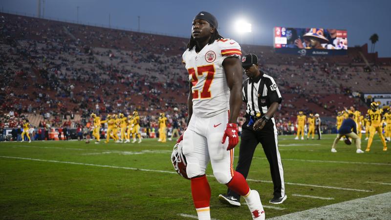 Kareem Hunt walks off the field before his last game with the Kansas City Chiefs. The Chiefs released him after the release of a video showing Hunt shoving and kicking a woman. Kareem Hunt walks off the field before his last game with the Kansas City Chiefs. The Chiefs released him after the release of a video showing Hunt shoving and kicking a woman.