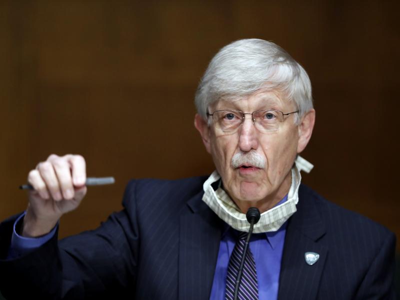 National Institutes of Health Director Dr. Francis Collins speaks during a Senate hearing earlier this year. On Thursday, Collins called on religious leaders to keep their worship spaces closed, despite rising protests from some church leaders. National Institutes of Health Director Dr. Francis Collins speaks during a Senate hearing earlier this year. On Thursday, Collins called on religious leaders to keep their worship spaces closed, despite rising protests from some church leaders.