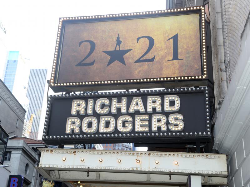 A sign of the "Hamilton" marquee at New York City's Richard Rogers Theater on Mar. 12, 2021, commemorating Broadway's "lost year" and a hope to return to live performances by fall 2021. A sign of the "Hamilton" marquee at New York City's Richard Rogers Theater on Mar. 12, 2021, commemorating Broadway's "lost year" and a hope to return to live performances by fall 2021.