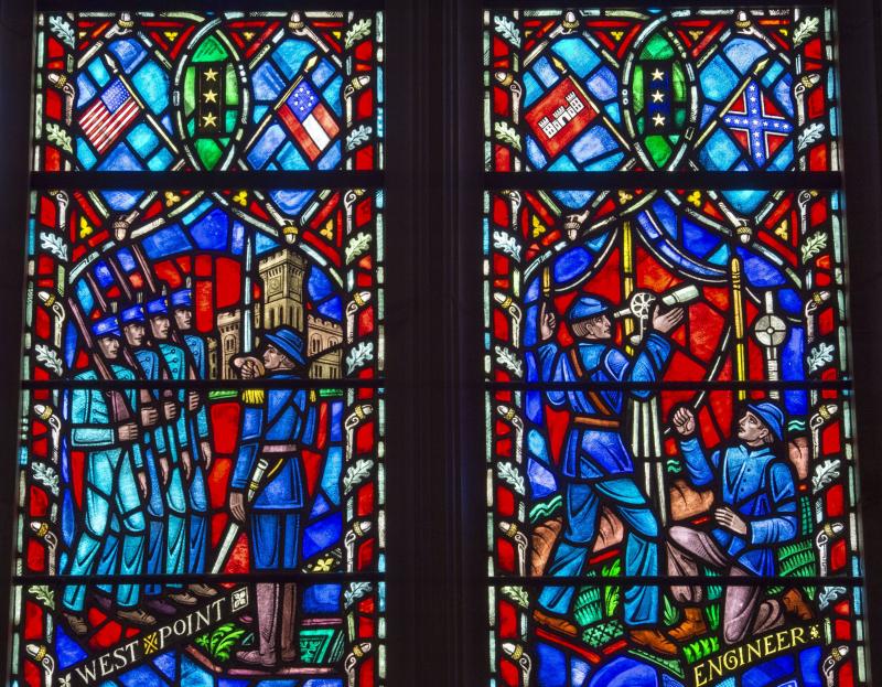 A glass window at Washington National Cathedral in Washington, D.C., shows Confederate Gen. Robert E. Lee. The dean of the cathedral has called for its removal. A glass window at Washington National Cathedral in Washington, D.C., shows Confederate Gen. Robert E. Lee. The dean of the cathedral has called for its removal.